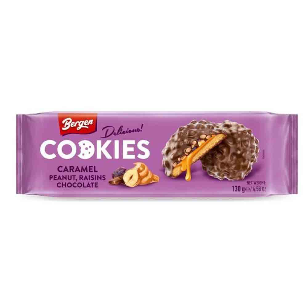 bergen-purple.jpg BERGEN DELICIOUS COOKIES CARAMEL, HAZELNUT, RAISINS AND CHOCOLATE 130G - Bild 1