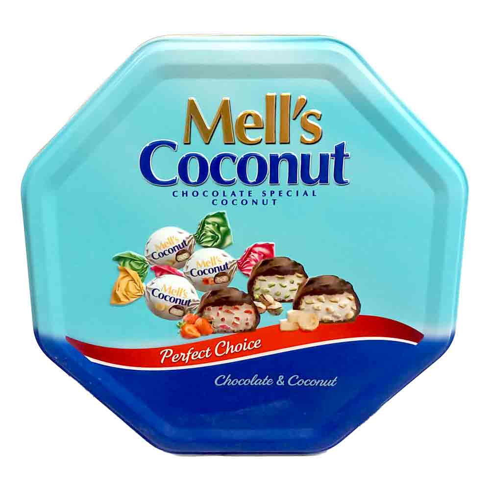 mells-coco.jpg MELLS KOKOS CHOKLAD OLIKA TIN 500G - Bild 1